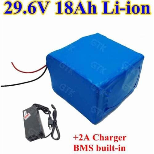 GTK rechargeable 29.6v 18ah lithium ion 3.7v li-ion battery pack bms 8S 20A for 250w 350w 500w motor electric bike+2A Charger