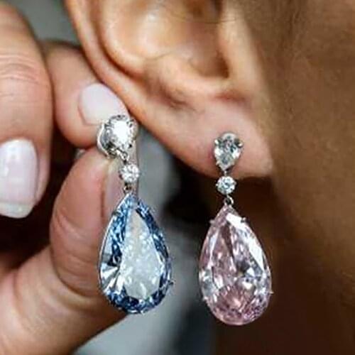 Huitan Gorgeous Blue/Pink Pear Cubic Zirconia Drop Earrings for Women Simple Stylish Accessories Party Hot Sale Fashion Jewelry