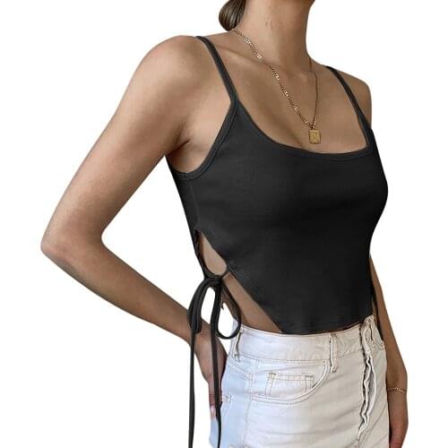 Fashion Womens Casual Solid Colors Lace-Up Crop Tops Sexy Spaghetti Strap Elastic Camisole Party Tanks Top Camiseta Tirantes