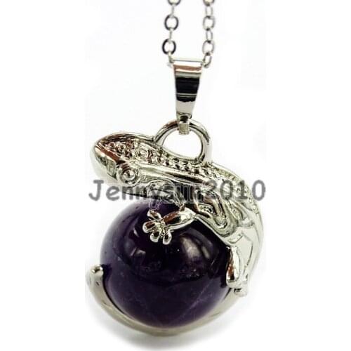 Natural Ame-thyst Gems Stone Round Ball Chakra Healing Lizard Pendant Necklace Beads Healing Jewelry Design 10Pcs/Pack