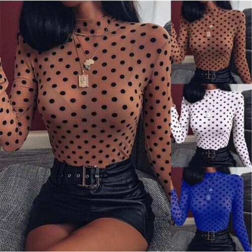 Sexy Dot Mesh Sheer Long Sleeve TShirts Women Stretch See Through Slim Fit Tops Spring Summer T-Shirts Camisas De Mujer