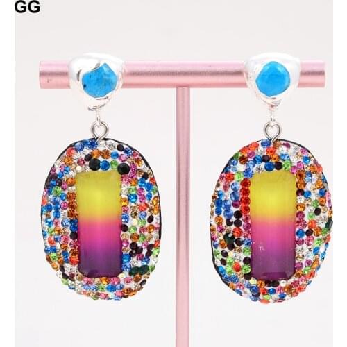 GuaiGuai Jewelry Colorful Jade Crystal Trimmed With Cz Pave Silver Color Plated Blue Turquoises Stud Earrings