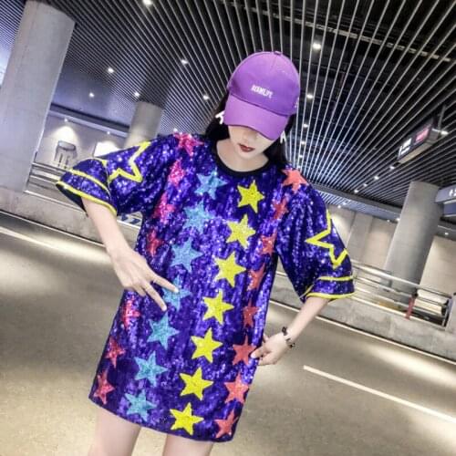 Womens Short-Sleeved Hip Hop Plus Size 2020 New Sexy Thailand Sequined Top T-shirt Women Star Print Paillette Loose Long Tops