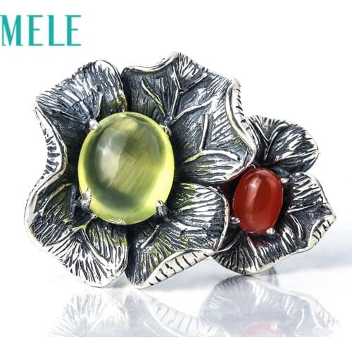 Natural Prehnite and red agate rings for women,925 sterling silver fashion vintage big petal-shaped statement unique jewelry