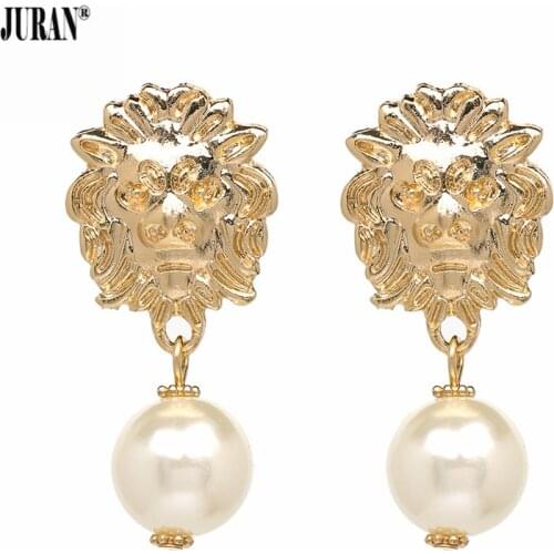 JURAN Vintage Gold Metal Lion Head Earring Wedding Party Fashion Jewelry Statement Simulated Pearl Drop Earrings For Women