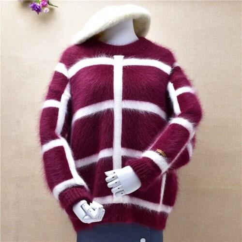 Top mujer women loose mink cashmere winter thick warm knitted striped o-neck pullover angora rabbit hair jumper sweater pull top