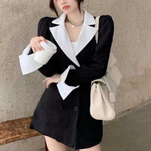 20211 Spring new fashion double breasted dress women hit color stitching notched slim dress a-line