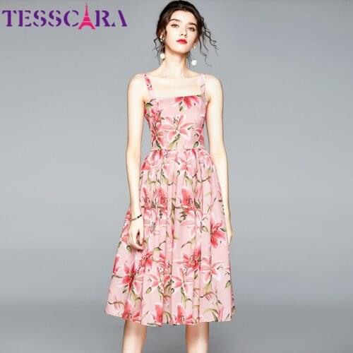 TESSCARA Women Summer Elegant Floral Dress Festa High Quality Pink Wedding Party Robe Femme Sleeveless Designer Casual Vestidos