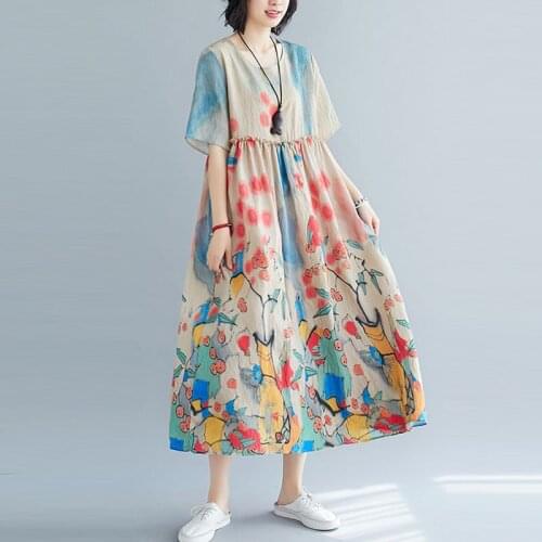 Women Loose Casual Long Dress New Arrival 2021 Summer Vintage Style O-neck Floral Print Ladies High Waist Holiday Dresses S3270