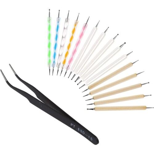 1X Curved Tweezers Jewelers Craft Hobby Beading Hand Tool & 15 Pcs Dotting Tools Set