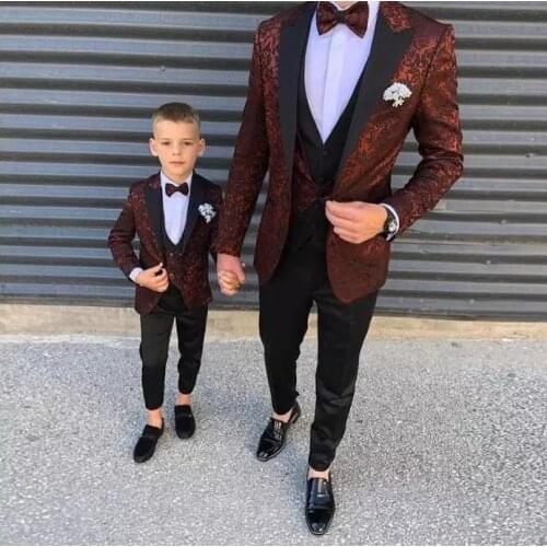 2021New Burgundy Pattern Boy Mens Suits Slim Fit Wedding Grooms Tuxedos Peaked Lapel Formal Blazer Kid Prom Suit (Jacket+Pants