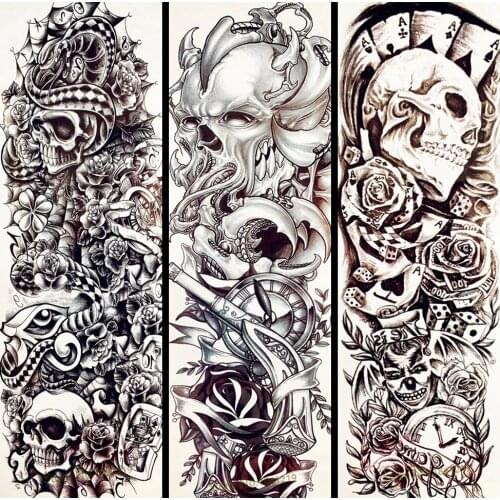 25 Design Poker Skull Temporary Tattoo Men Full Body Arm Sleeve Tattoo Stickers GQB-021 Black Water Transfer Flower Tatoo Women