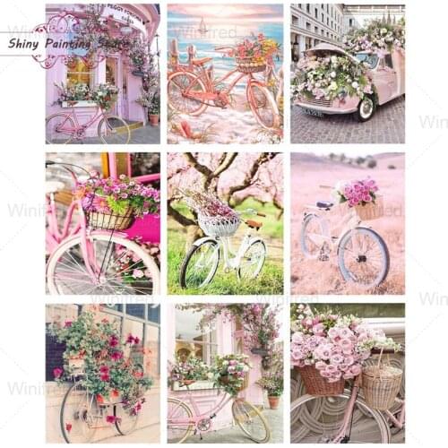 New Arrival 5D DIY Diamond Painting Pink Flowers Bicycle Car Landscape Diamond Embroidery Full Square Round Drill Handmade Gift