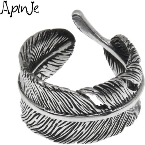 Apinje 925 Sterling Silver Open Ring for Men Feather Rings Women Jewelry