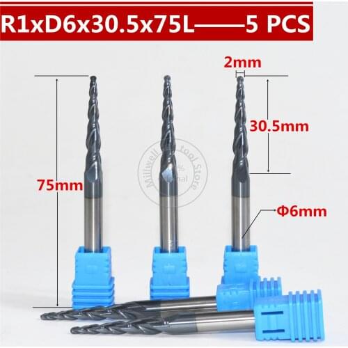 Free shipping-5PCS R1*D6*30.5*75L*2F HRC55 Tungsten solid carbide Coated Tapered Ball Nose End Mill taper and cone end mills