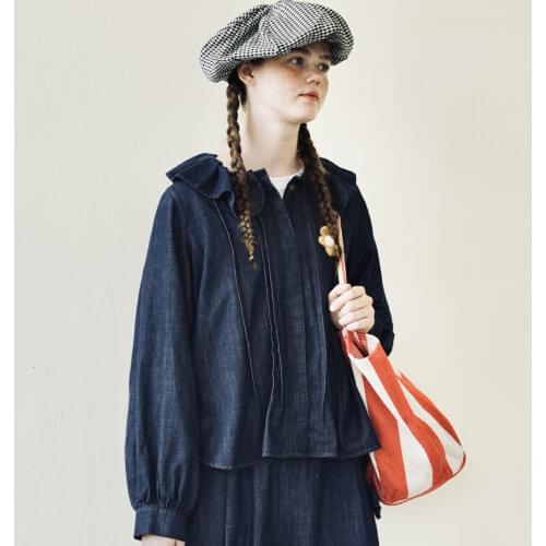 Imakokoni original design doll collar yellow flower decoration denim shirt Japanese autumn female 213430