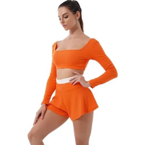Two-Piece Pyjamas Set Sleepwear Women Fashion Sport Outfits Square Neck Long Sleeve Crop Top Contrast Color Waistband Culottes