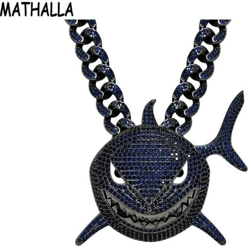 MATHALLA Large Shark Pendant High-Quality Ice-Out Micro-Inlaid Zircon With 12mm Cuban Chain Rope Chain Mens Hip-Hop Jewelry