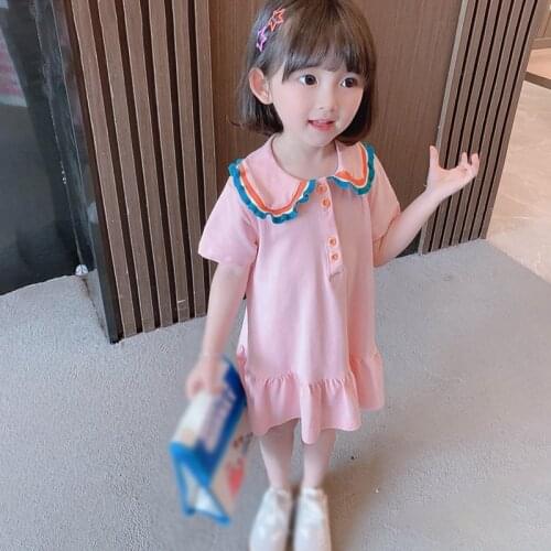 2021 New Girls Korean Dress Summer Kids Lapel Neck Short Sleeve College Style Small Dress 3-8 Years Children Clothes