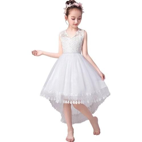 New Girls Party Dresses Kids Hallowed-out Lace Bodice Tulle Wedding Evening Dress with Trailing Girl Dance Clothing