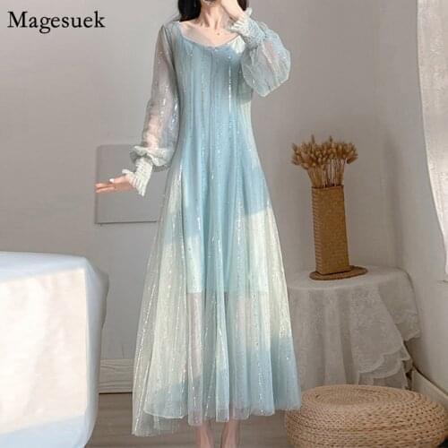 2021 Autumn Women Dress Elegant Mesh Long Sleeve Mesh Sequined Maxi Dress Women Two-Piece Female Party Dresses Vestidos 10123