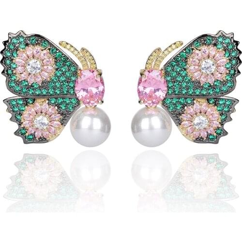 Multicolors Cubic Zircon Butterfly Earrings for Wedding, Pearl Earring for Party, Women Girl Gift CE11181