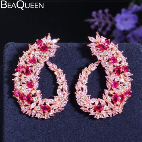 BeaQueen Multicolor Full Cubic Zirconia Pave Big Symmetry Stud Earrings Rose Gold Color Exquisite Wedding Jewelry for Women E235