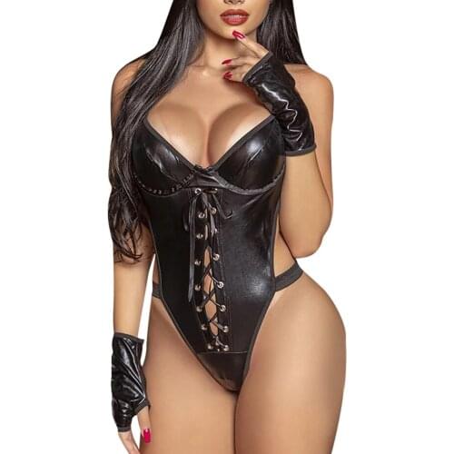 Sexy Women PU Leather Lingerie Bodysuit Solid Color Cross Strap Halter V-Neck Backless Bodysuit Skinny Babydoll Teddies