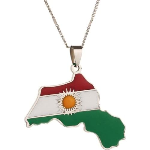 Stainless Steel Trendy Kurdistan Map Pendant Necklaces Kurdish Flag Map Charm Jewelry