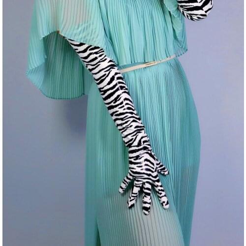 Womens runway fashion zebra stripe print faux pu leather long gloves female sexy white black striped long glove 60cm R2684