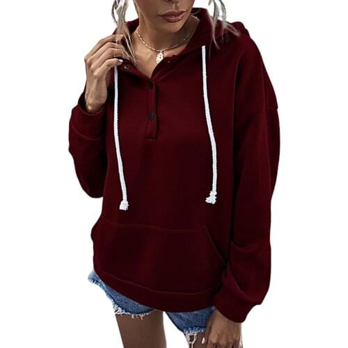 Women’s Casual Long-sleeved Hoodies Fashion Solid Color Button Round Neck Loose Hooded Warm