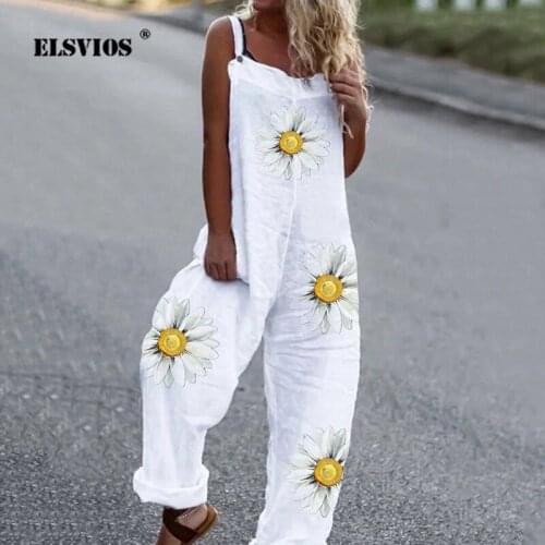 Fashion Streetwear Printed Women Cotton Linen Sling Jumpsuits Summer Casual Sleeveless Loose Mid Waist Long Pants Slim Jumpsuits