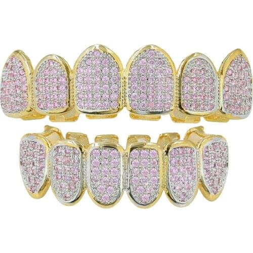 18K Gold Plated Pink Crystal Zircon Teeth Mouth Grills Caps Hip Hop for Halloween Christmas Gift
