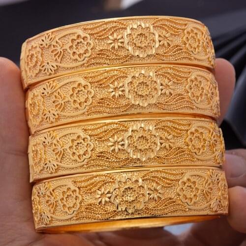 4Pcs/Lot Trendy Dubai Ethiopian Pattern Gold Color Bangles For Women Girls Wife African Arab Bracelet Jewelry Holiday Gift