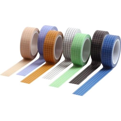 7 Rolls Grid Printed Washi Paper Masking Tapes Set Self Adhesive 15mm Wide DIY Album Decoration Paper