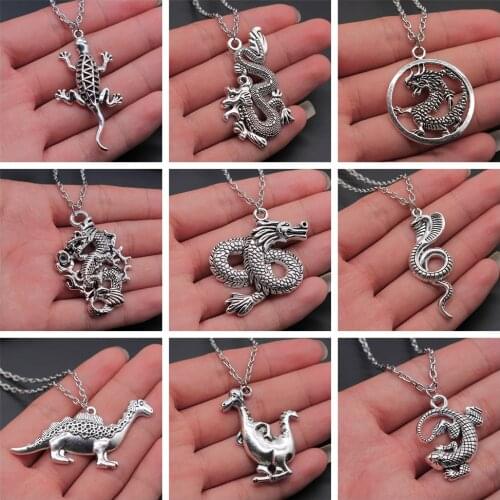Antique Silver Color Simple Animal Pendant Necklace Dragon Snake Gecko Lizard Dinosaur Pendant Necklace Gift For Boy Girl Women
