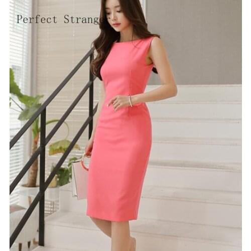 Free Shipping Elegant 2018 Summer New Arrival Hot Sale Sleeveless Solid Color Round Collar Woman Slim Pencil Dress