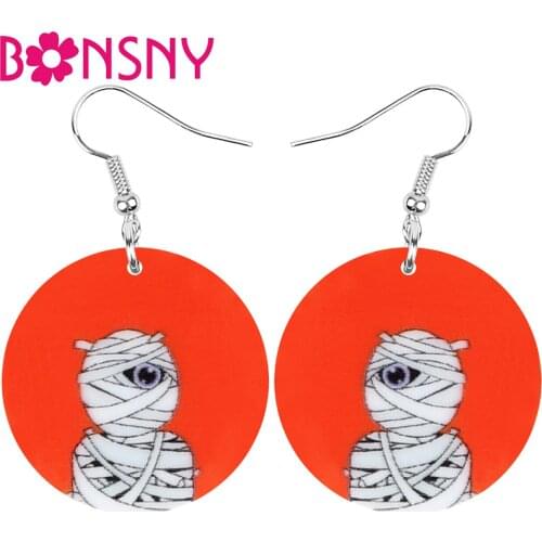 BONSNY Acrylic Halloween Round Mummy Earrings Printing Novelty Dangle Drop Jewelry For Women Teens Kid Fashion Party Gift