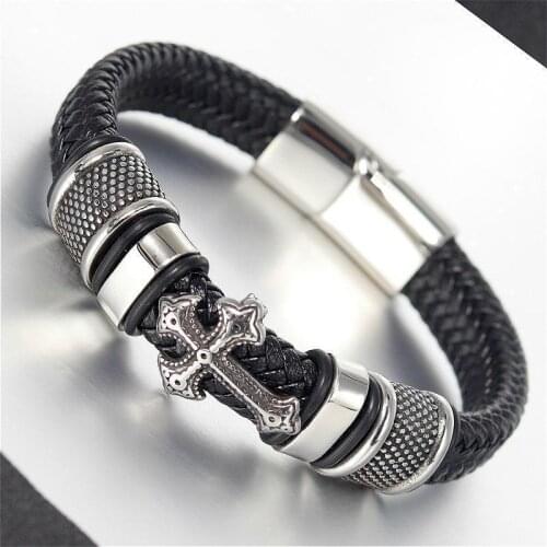 Silver Color Metal Cross Hand Woven Leather Magnetic Clasp Wrap Bracelet for Men Vintage Jewelry