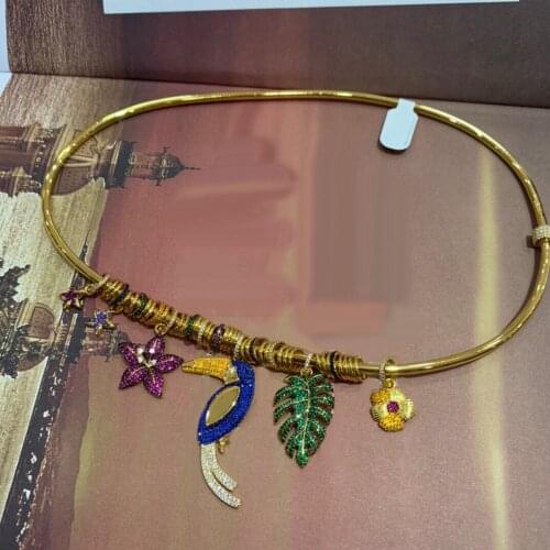 Brand 1:1Fashion Multicolor Tropical Jungle Necklace High Quality Charm Flower Leaf Toucan Pendant Micro Zirconia Women Jewelry