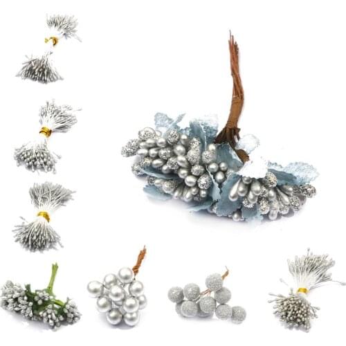 2020 Artificial Sliver Flower Bouquet Cherry Branch Stamen Berries Bundle DIY Christmas Wedding Cake Gift Box Wreath Party Decor