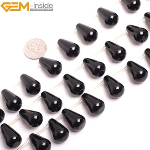 Gem-inside Natural Smooth Drop Teardrop Black Agate Stone Beads For Jewelry Making Strand 15 inches DIY Jewellery