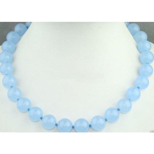 Long 16" 10mm Light Blue Jade Round Gemstone Beads Necklace AAA