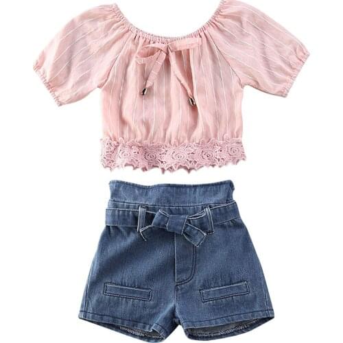 Citgeett 1-5Years 2PCS Toddler Baby Kids Girls Off Shoulder T-shirts Tops+ Denim Shorts Outfits