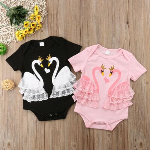 Newborn Infant Baby Girl Swan Short Sleeve Lace Patchwork Lovley Bodysuit Jumpsuit Outfits Sunsuit Clothes