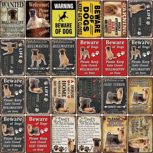 [ Kelly66 ] Pet Warning Dog Rules With Silky Terrier Bullmastiff Metal Sign Home Decor Bar Wall Art Painting 20*30 CM Size DG-40