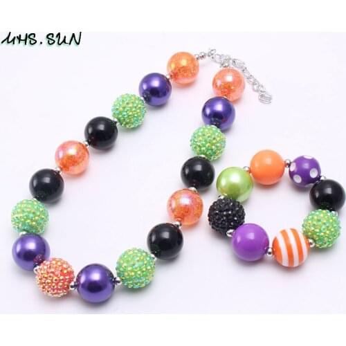 MHS.SUN Halloween beads necklace bracelet kids child orange/purple/black chunky acrylic beads necklace bracelet for girls party