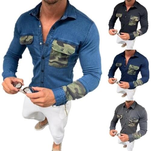 2021 Autumn New Mens Denim Shirts Casual Slim Fit Solid Patchwork Camouflage Denim Long Sleeves Jeans Clothes Fashion Men Top