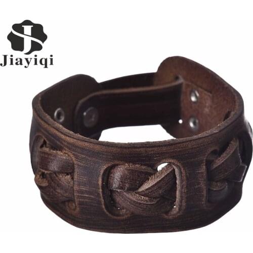 Jiayiqi Brand Vintage Genuine Wide Leather Bracelet Men Fashion Punk Braid Cuff Bracelets & Bangles for Man Jewelry Accessory