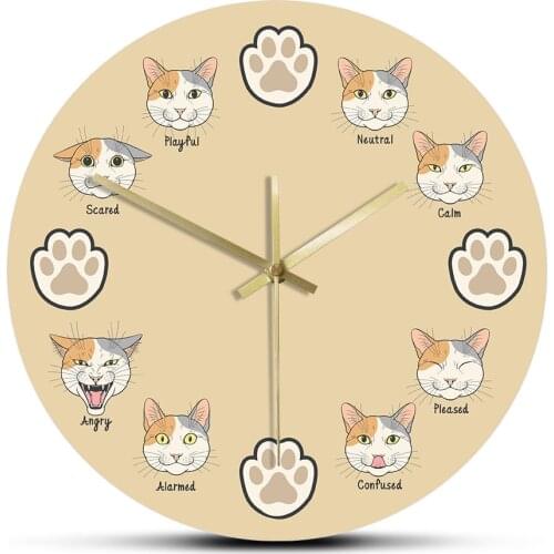 Kitten Paws Kitty Face Feelings Cat Lovers Wall Clock Cartoon Cat Expression Moods Decorative Wall Clock Silent Swept Wall Watch